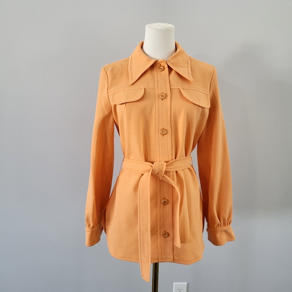 Vintage Jackets & Blazers - Vintage 1970s Orange Groovy Belted Jacket Shacket Lightweight